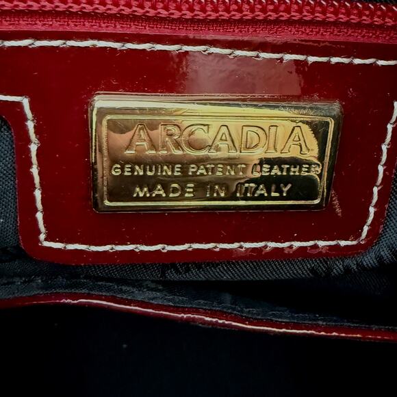 Arcadia Red Patent Leather Bag Satchel Md in Italy Burgundy Designer Top Handle - Picture 2 of 10